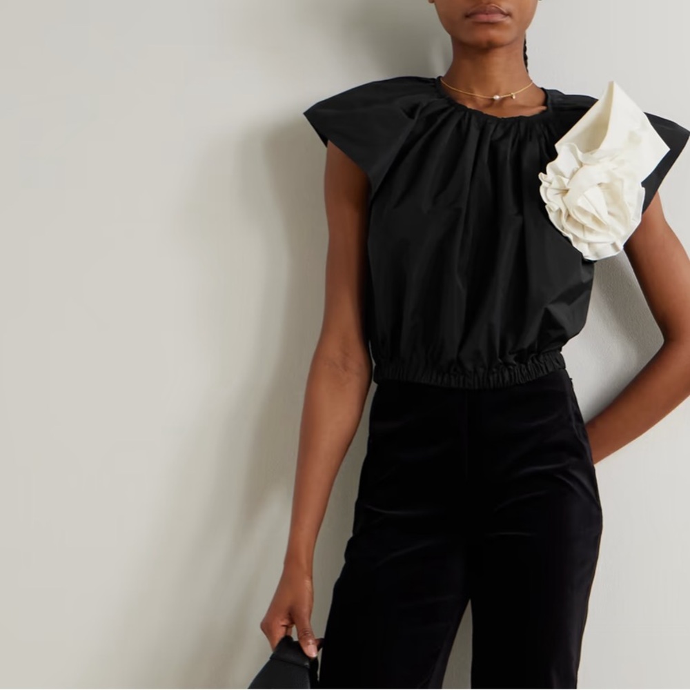 SEA New York , Black Puff-Sleeve Cropped Top with Cream Rosette, NWT